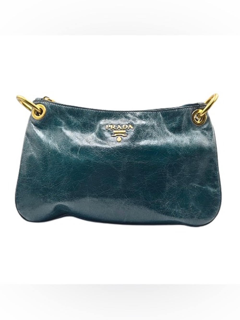 Prada Vitello Blue Leather Hobo Shoulder Bag Gold Hardware Authentic